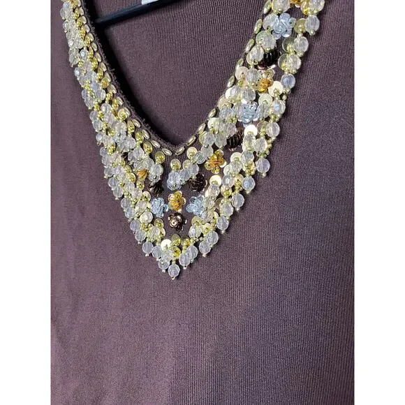2000s Y2K Joseph A Viscose Chocolate Brown Gold 3D Jeweled Beaded Shirt M - Picture 3 of 5